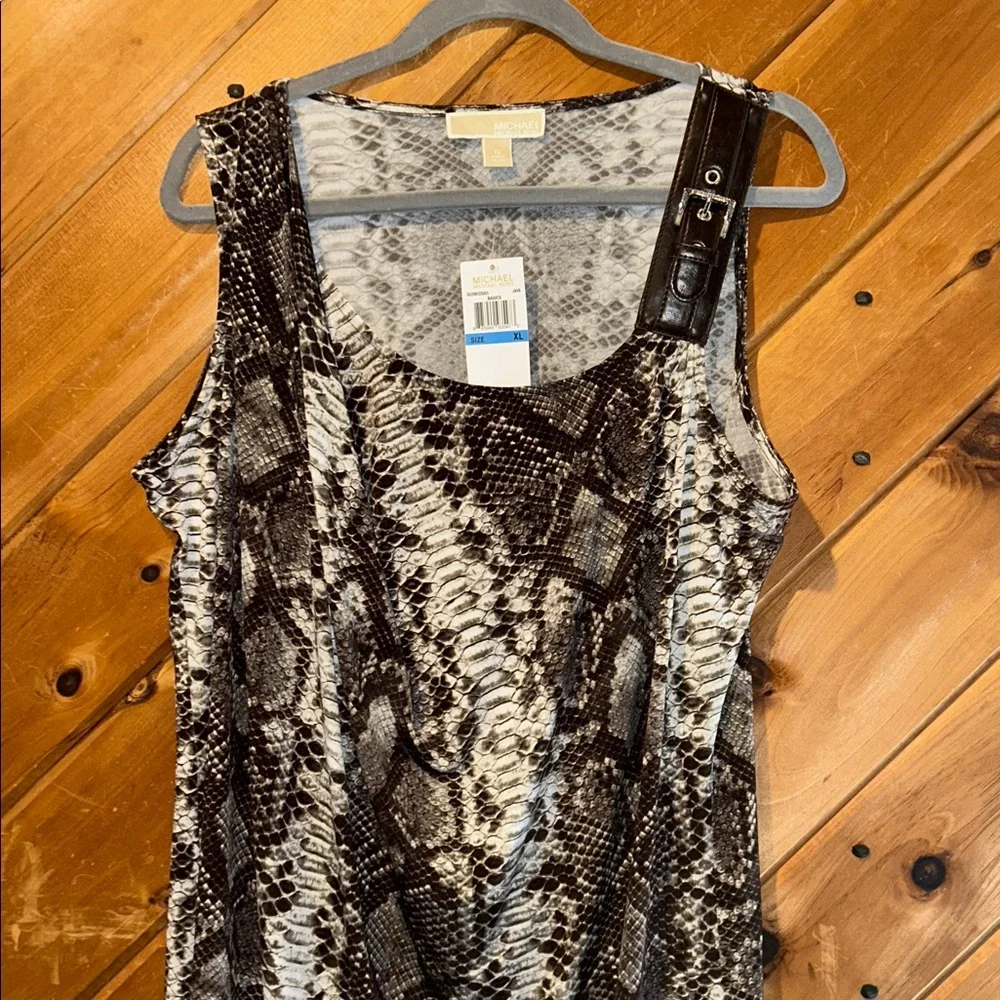 Michael Kors Y2K brown snakeskin leather buckle shoulder shift dress NWT
